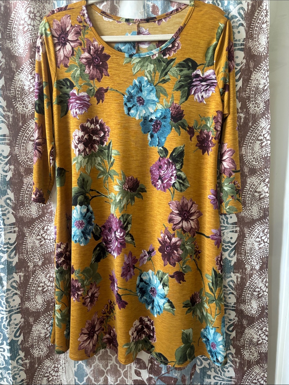 Women's Mustard Floral Swing Top - Blue & Purple Blooms